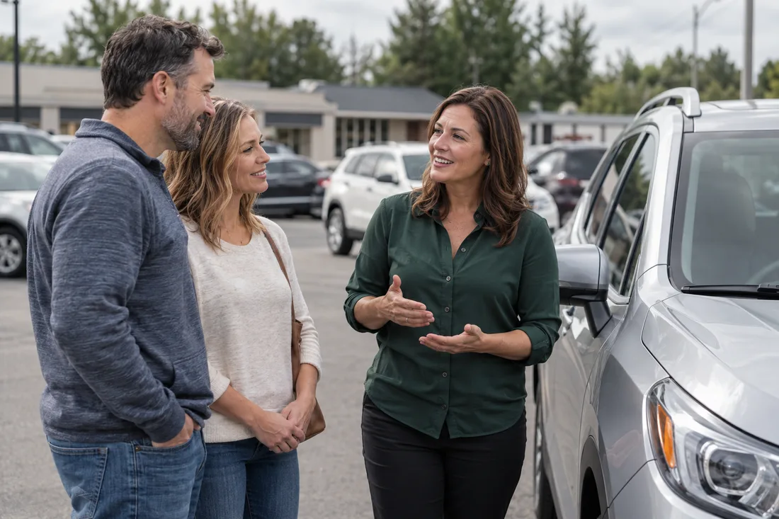 A dealership salesperson talking with customers beside a car.